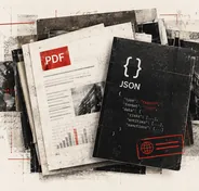 Отчёт с пометкой PDF и тёмная папка JSON с фрагментом структуры данных.