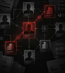 Схема связей людей и компаний: красная цепочка через центральное лицо соединяет две компании, рядом доли и бенефициары.