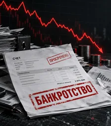 Счёт на столе со штампами «Просрочено» и «Банкротство», за ним падающий красный график.