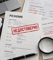 Резюме на столе с красным штампом «Недостоверно», рядом справка с места работы с расходящимися датами и лупа.