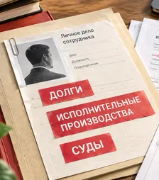 Папка «Личное дело сотрудника» с фотографией мужчины со спины, поверх неё красные метки «Долги», «Исполнительные производства», «Суды».