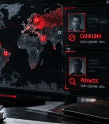 Экран проверки клиента: карта мира с красными метками и две карточки с фото — «Санкции, совпадение 98%» и «Розыск, совпадение 96%».