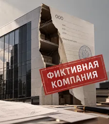 Офисное здание, у которого фасад надорван как бумажный бланк ООО, внутри пустые полки с коробками; поверх — красный штамп «Фиктивная компания».
